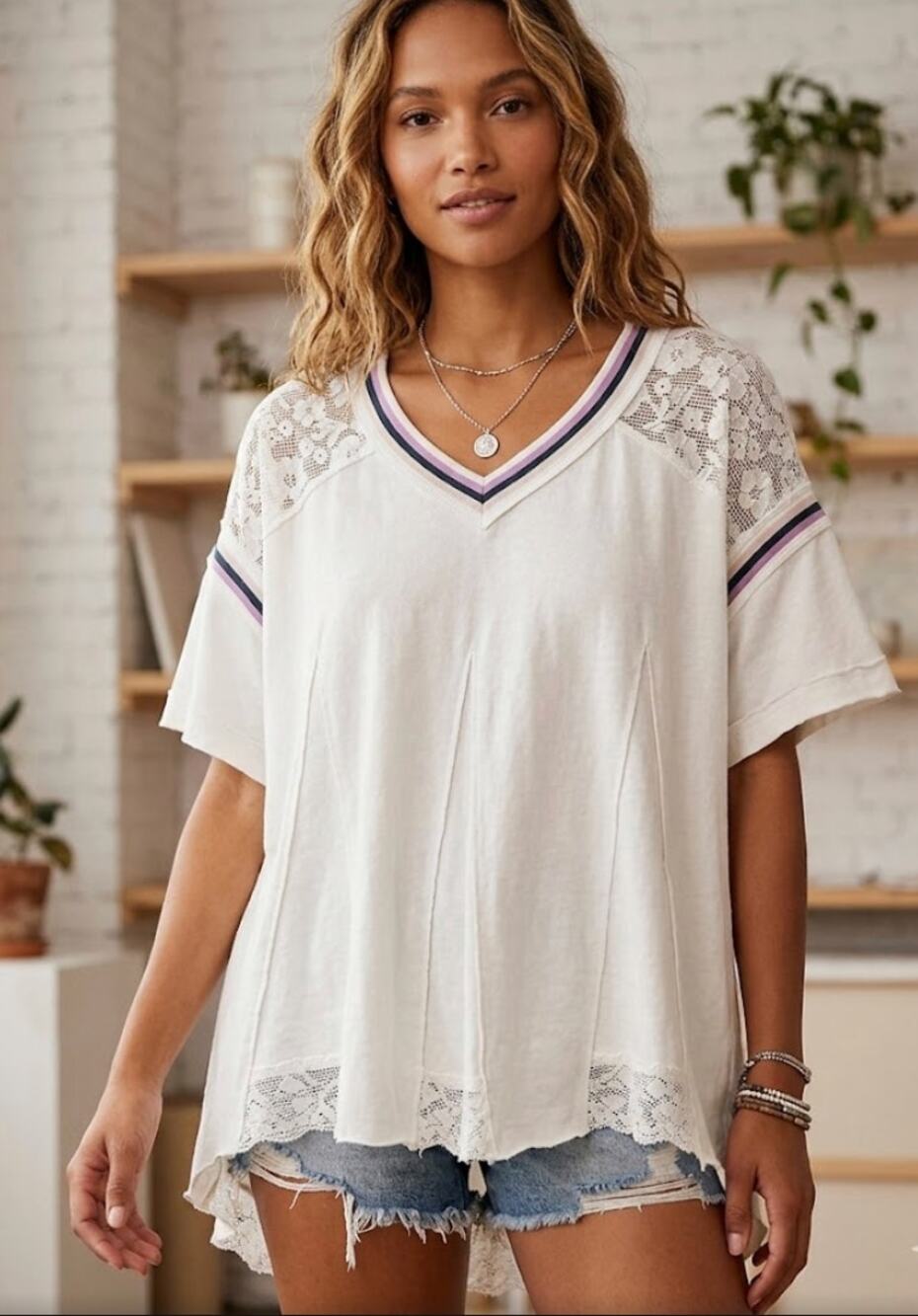 Free People Keepsake Tunic XS NWT Ivory Lace Boho Oversized V-Neck Tee